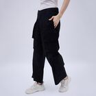 Women's Jet Black Wide-Leg Cargo Trousers, काला, small image number null