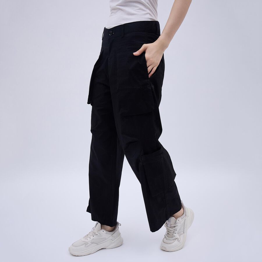 Women's Jet Black Wide-Leg Cargo Trousers, काला, large image number null