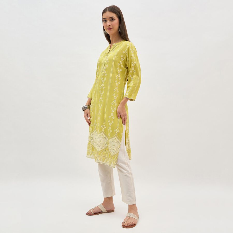 Women's Light Lime Green Round Neck Printed Kurta, Light Green, large