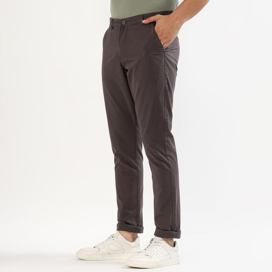 Men's Dark Charcoal Grey Slim Fit Flat-Front Casual Trousers, गहरा ग्रे, large image number null