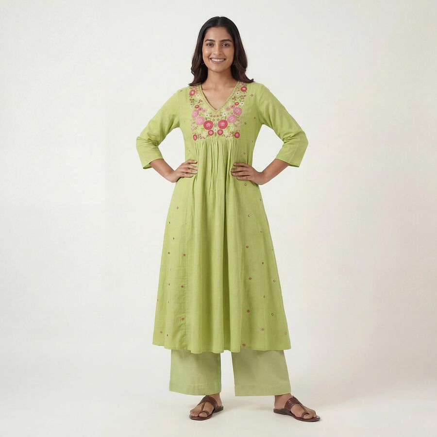 Women's Mint Green Cotton Notch Neck Printed Straight Kurta, Light Green, large