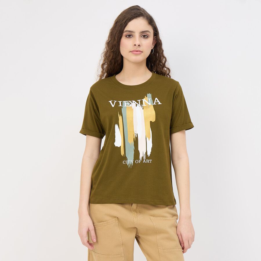 Women's Muted Olive Green Round Neck Casual T-Shirt, ओलिव, large