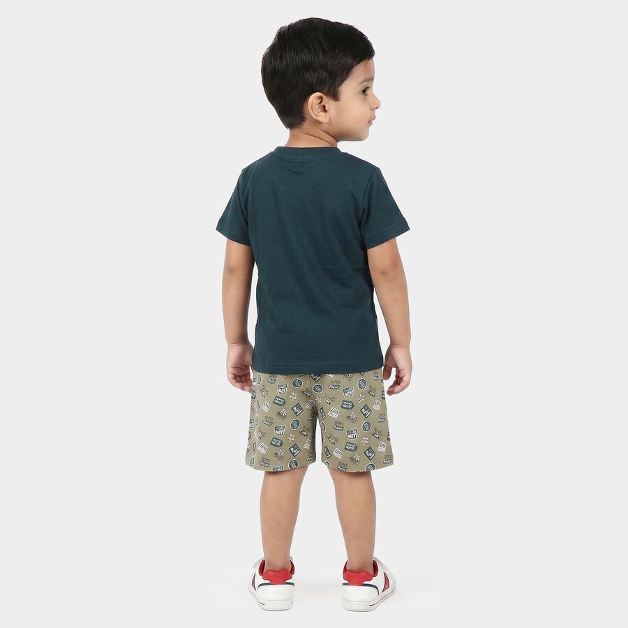 Boys' Teal 100% Cotton Crew Neck Graphic Print Baba Suit, टील ब्लू, large