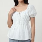 Women's Off-White Round Neck Minimalist Top, ऑफ व्हाइट, small