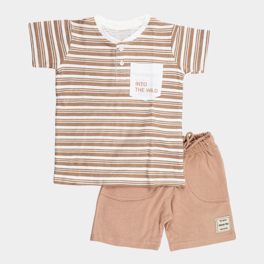 Boys Beige 100% Cotton Henley Neck Striped Baba Suit, Beige, large