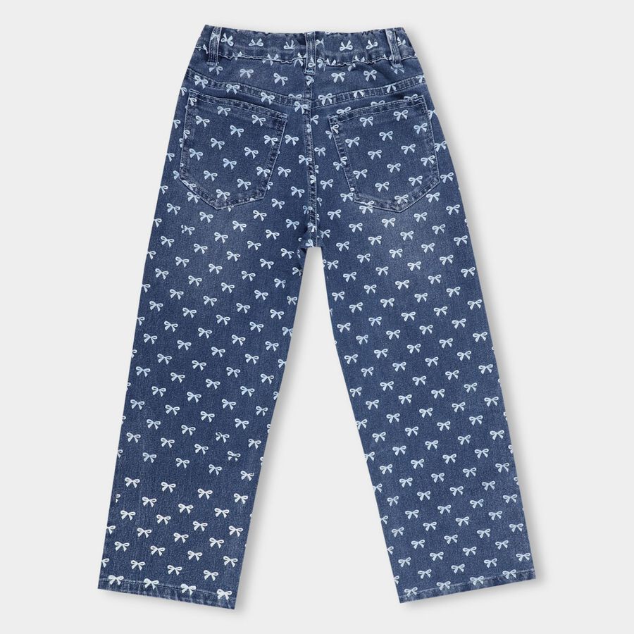 Girls' Stonewashed Blue Straight Fit Bow Print Jeans, मध्यम नीला, large image number null