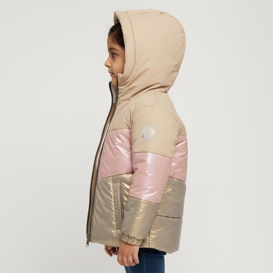 Girls Beige and Pink Hooded Casual Jacket, Beige, large image number null