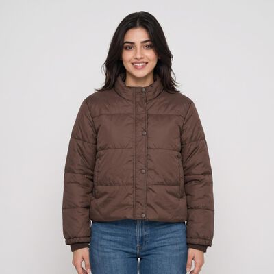 Women's Brown Stand Collar Puffer Jacket
