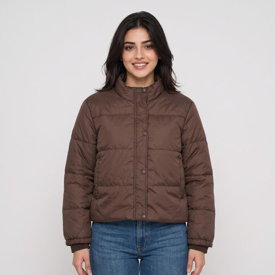 Women's Brown Stand Collar Puffer Jacket, Brown, large