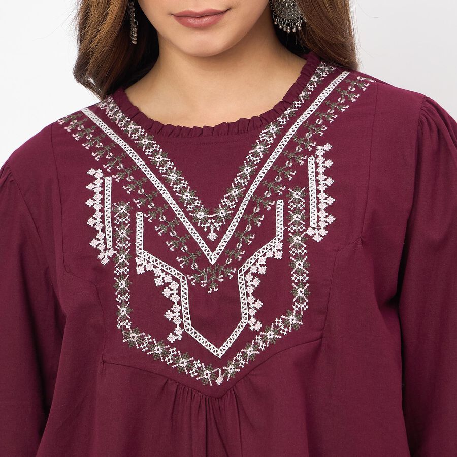Women's Wine Cotton Round Neck Side Tie-Up Top, Wine, large