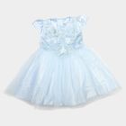 Girls' Light Blue Fit and Flare Floral Applique Party Wear Frock, हल्का नीला, small