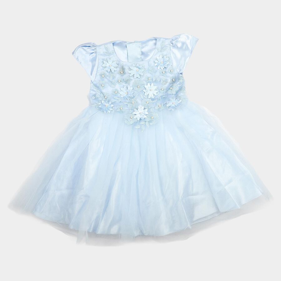 Girls' Light Blue Fit and Flare Floral Applique Party Wear Frock, हल्का नीला, large