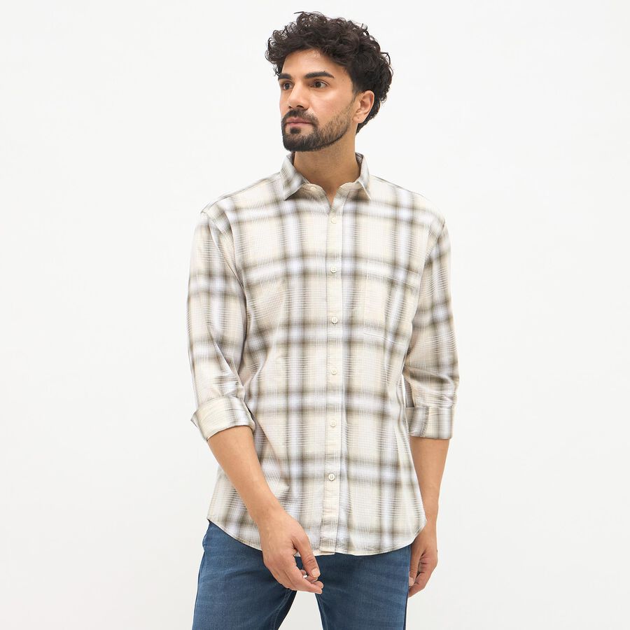 Men's Beige Cotton Spread Collar Casual Shirt, हल्का हरा, large image number null