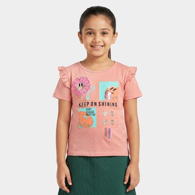 Girls Pink Cotton Round Neck Regular T-Shirt