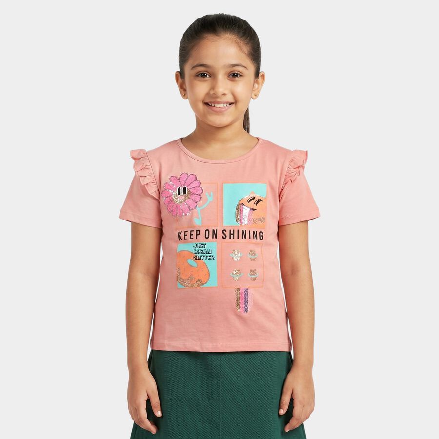 Girls Pink Cotton Round Neck Regular T-Shirt, Light Pink, large