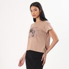 Women's Beige Cotton Round Neck Graphic T-Shirt, Beige, small