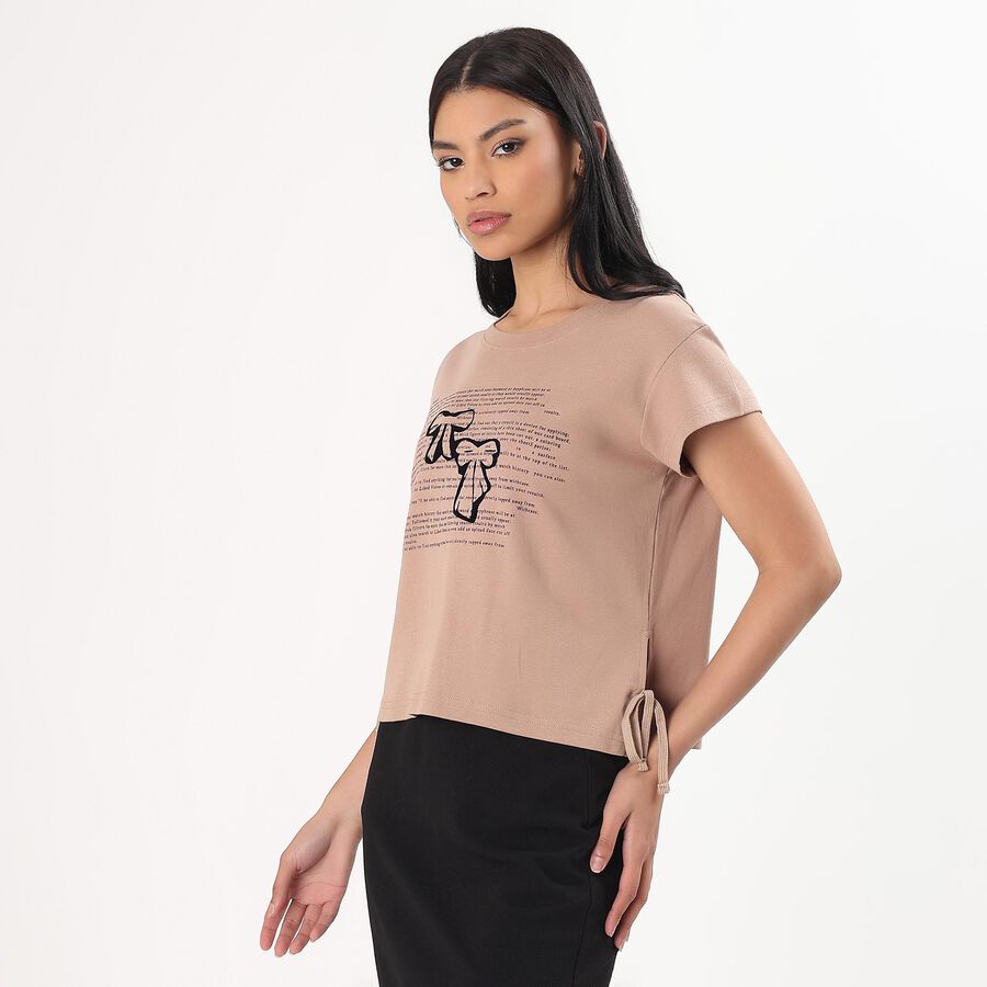 Women's Beige Cotton Round Neck Graphic T-Shirt, Beige, large