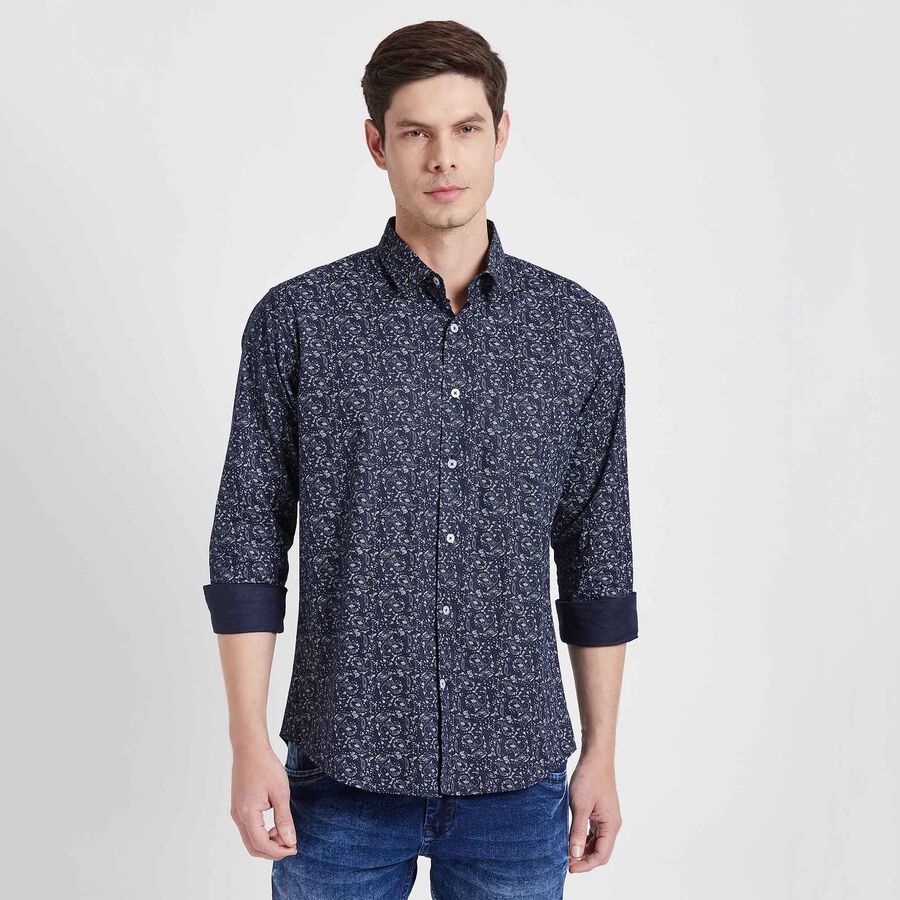 Cotton Printed Casual Shirt, Navy Blue, large image number null