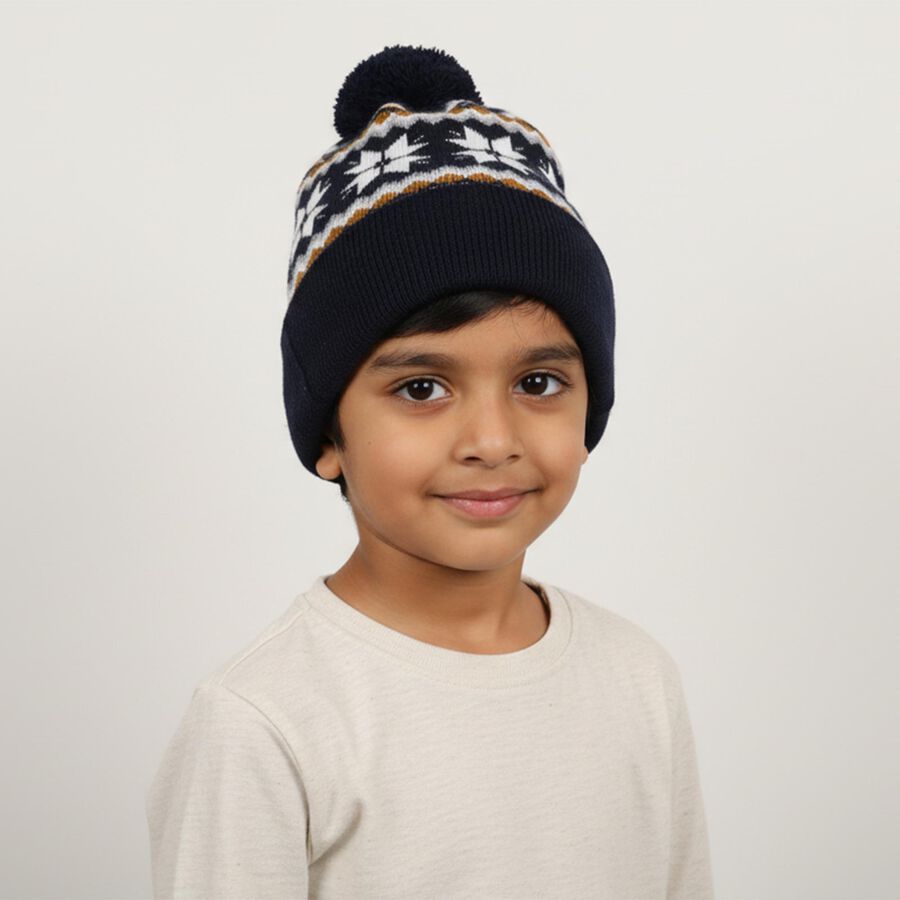 Boys' Dark Navy Blue Snowflake Pattern Pom-Pom Cap, Navy Blue, large image number null