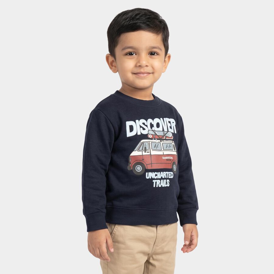 Boys' Navy Blue Crew Neck Graphic Print Sweatshirt, Navy Blue, large