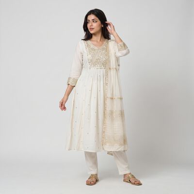 Women's Cream Embellished Ethnic Set