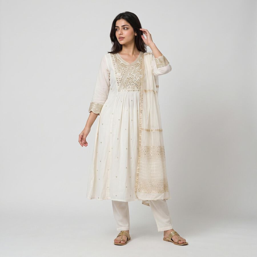Women's Cream Embellished Ethnic Set, Off White, large