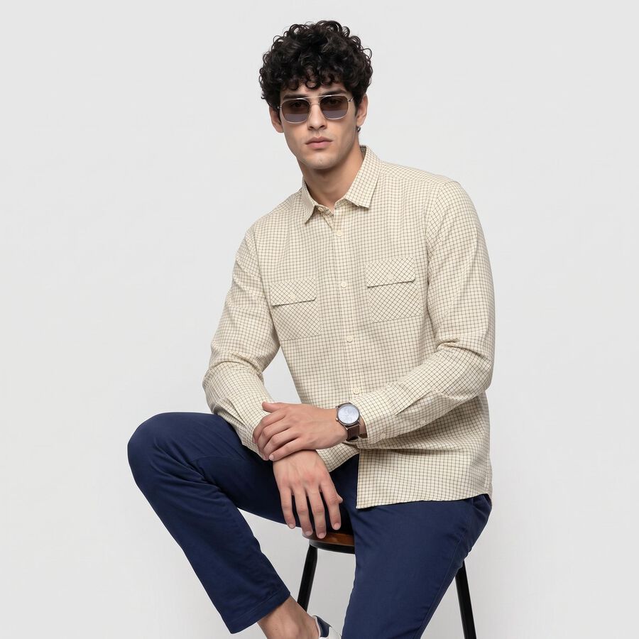 Men's Beige Cotton Long Sleeve Collar Casual Shirt, गहरा पीला, large