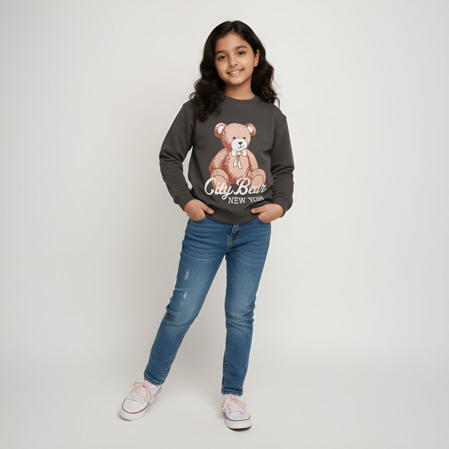 Girls Dark Charcoal Grey Crew Neck Casual Sweatshirt, चारकोल, large image number null