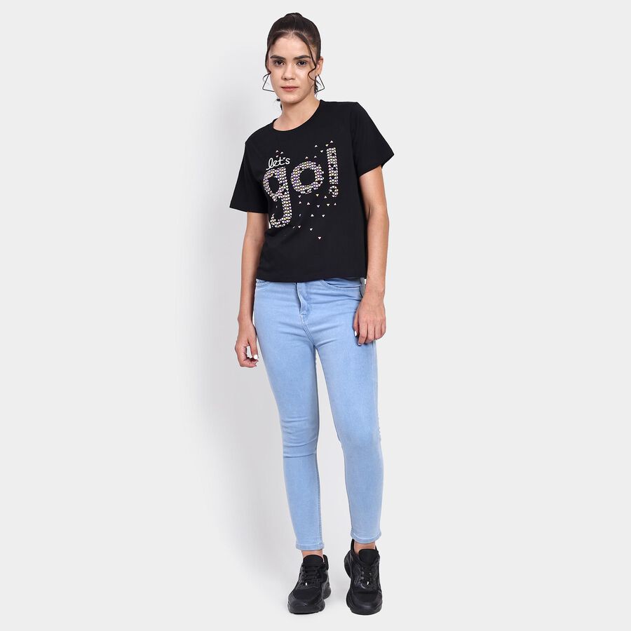 Ladies' 100% Cotton Round Neck T-Shirt , काला, large image number null