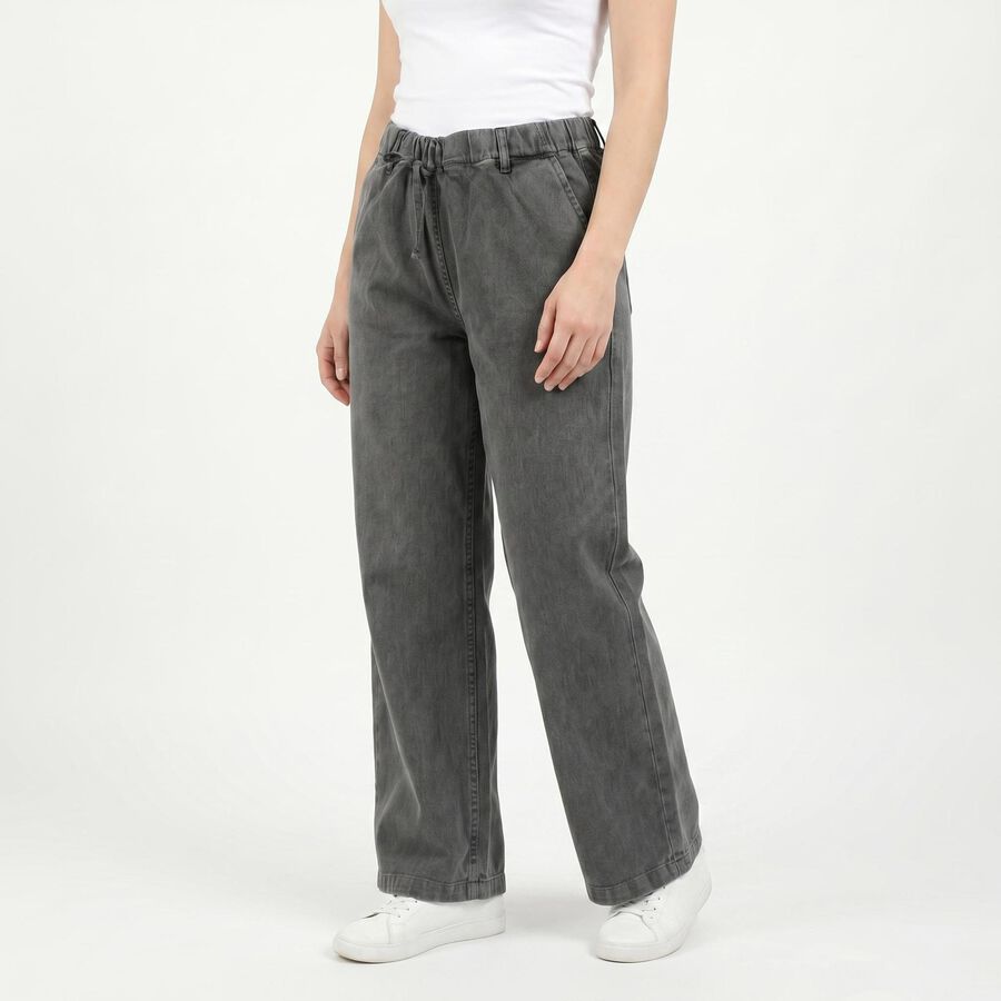 Women's Dark Grey Wide Leg Drawstring Waist Jeans, Dark Grey, large