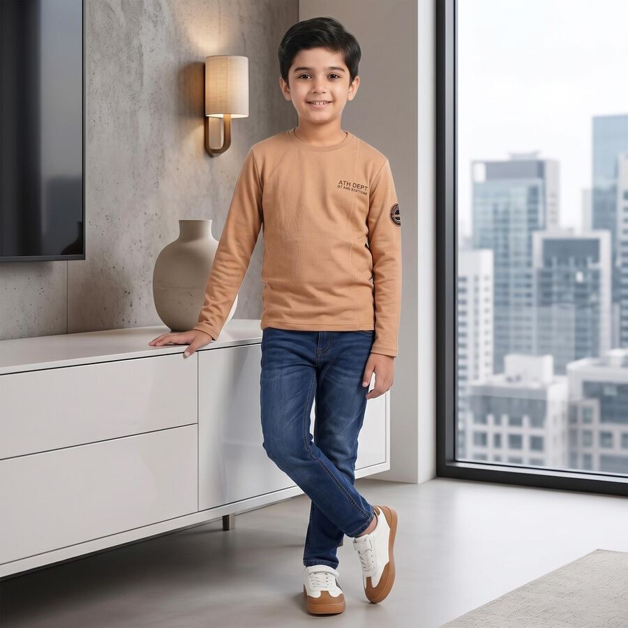 Boys Beige Crew Neck Regular T-Shirt, Beige, large