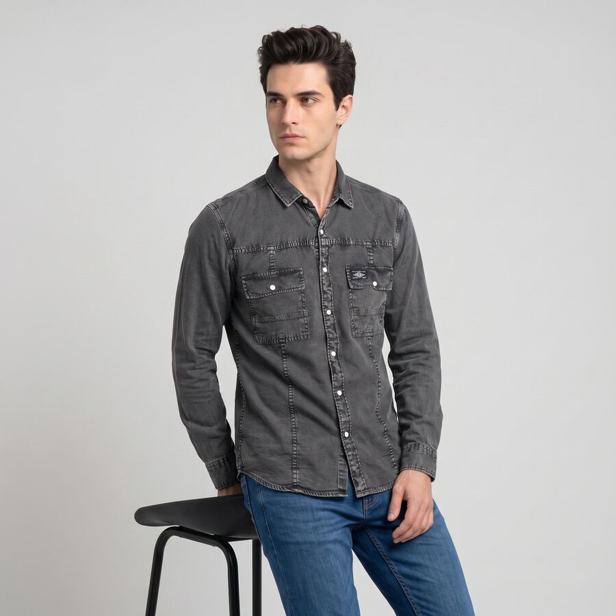 Men's Dark Grey Cotton Casual Shirt, Dark Grey, large