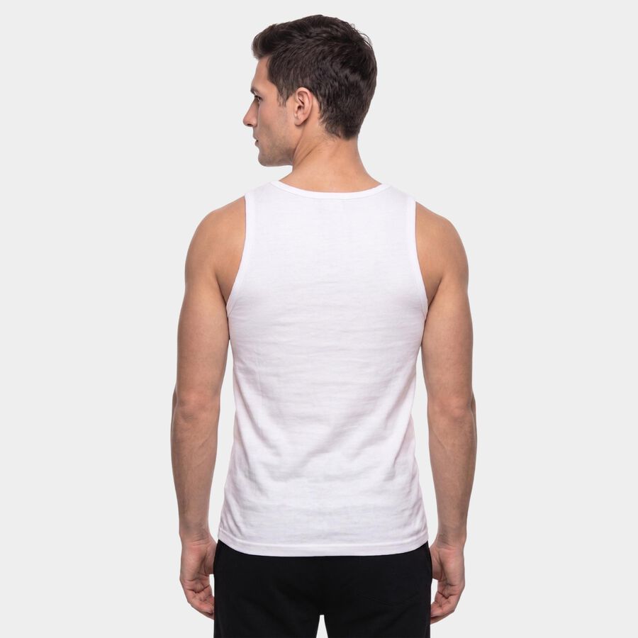 Men's White Cotton Round Neck Sleeveless Vest, White, large