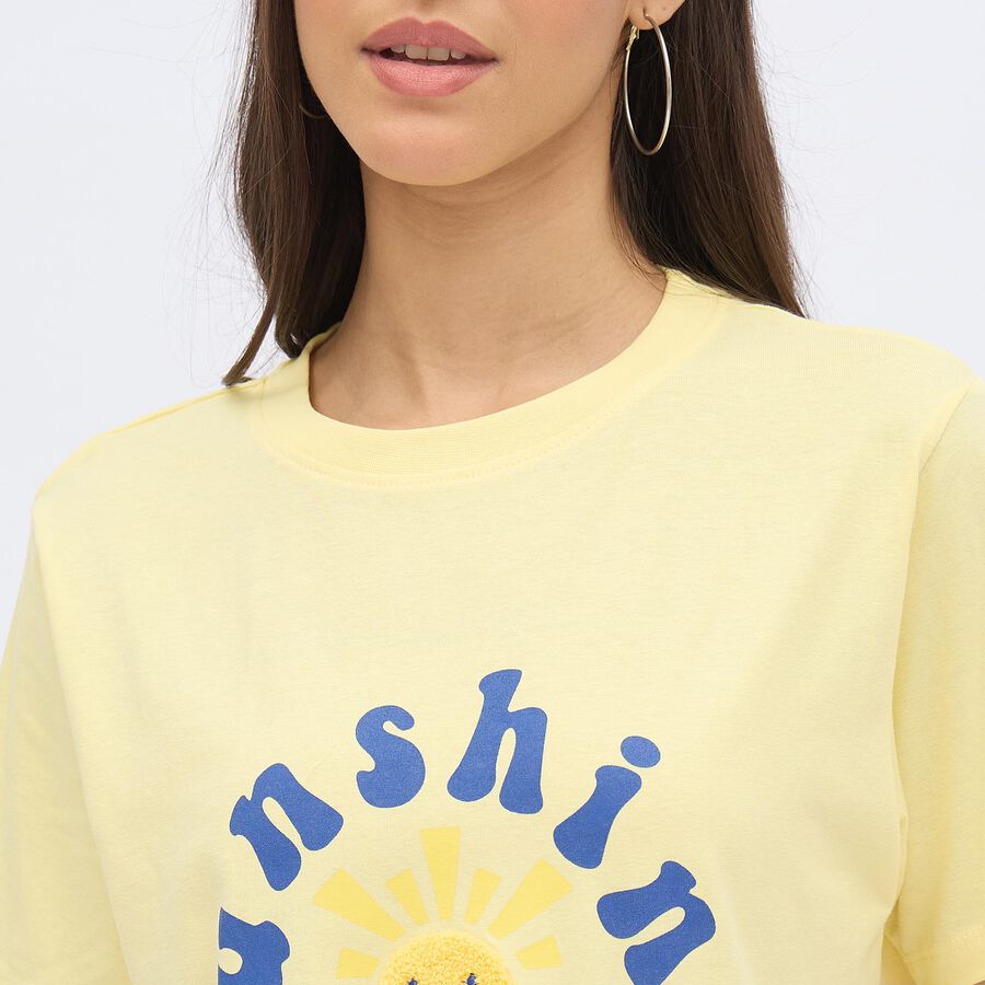 Women's Light Yellow Cotton Round Neck Casual T-Shirt, Yellow, large image number null