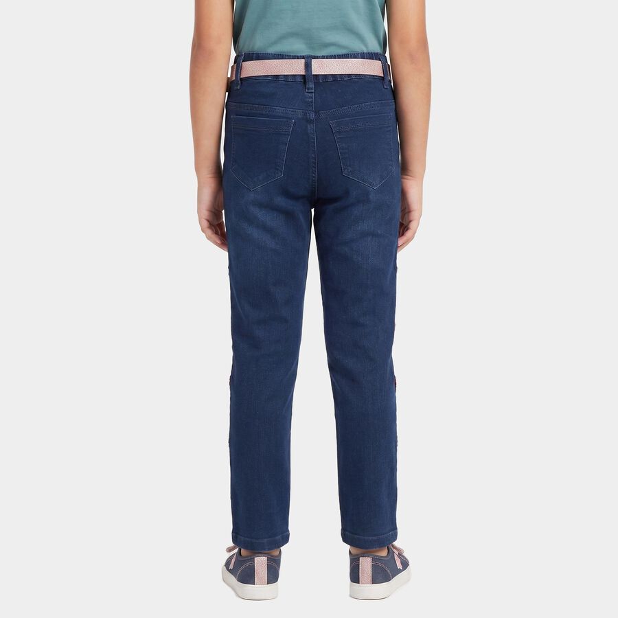 Girls' Navy Blue Straight Fit Embroidered Jeans, गहरा नीला, large
