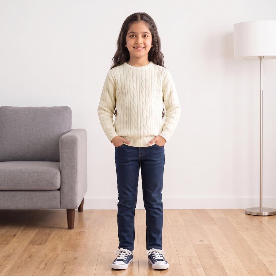Girls Cream Crew Neck Cable Knit Pullover, ऑफ व्हाइट, large