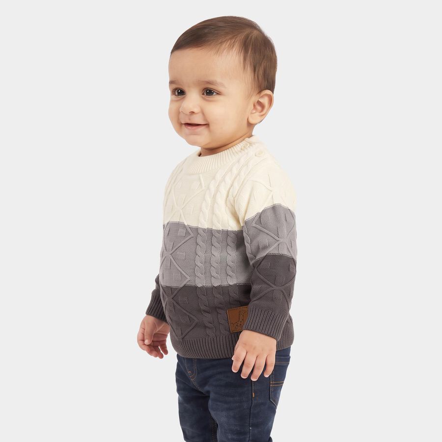 Infants Grey Crew Neck Knitted Design Pullover, चारकोल, large