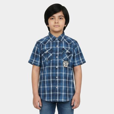 Boys Navy Blue Cotton Half Sleeves Spread Collar Western Casual Shirt