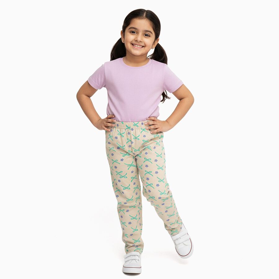 Girls Beige Bow and Floral Printed Cotton Blend Pyjama, गहरा पीला, large image number null