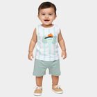 Infants' Mint Cotton Round Neck Striped and Graphic Printed Baba Suit, हल्का हरा, small