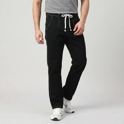 Men's Black Straight Fit Drawstring Jeans