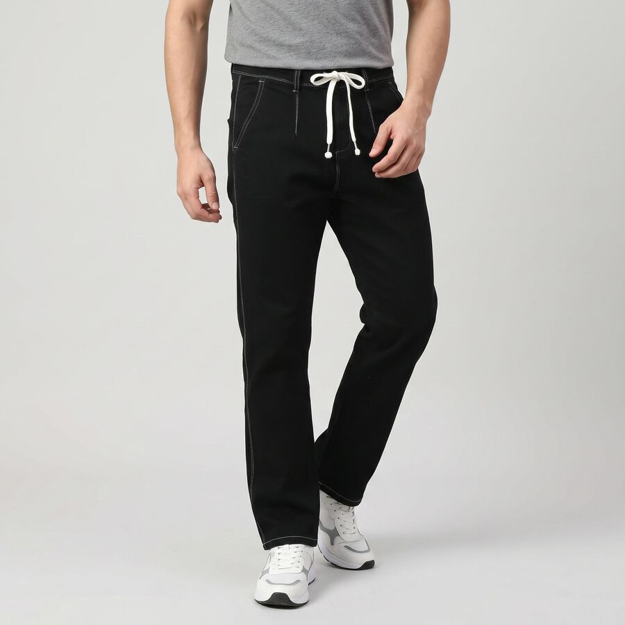 Men's Black Straight Fit Drawstring Jeans, काला, large