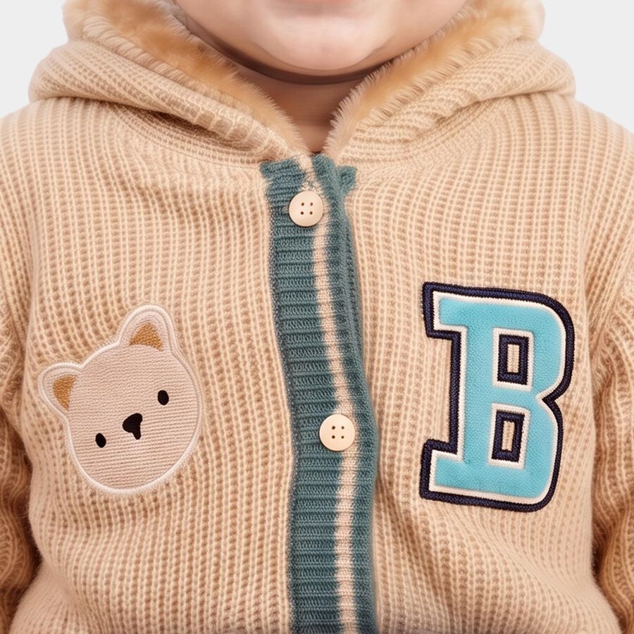 Infants Beige Hoodie Neck Knitted Design Pullover, गहरा पीला, large