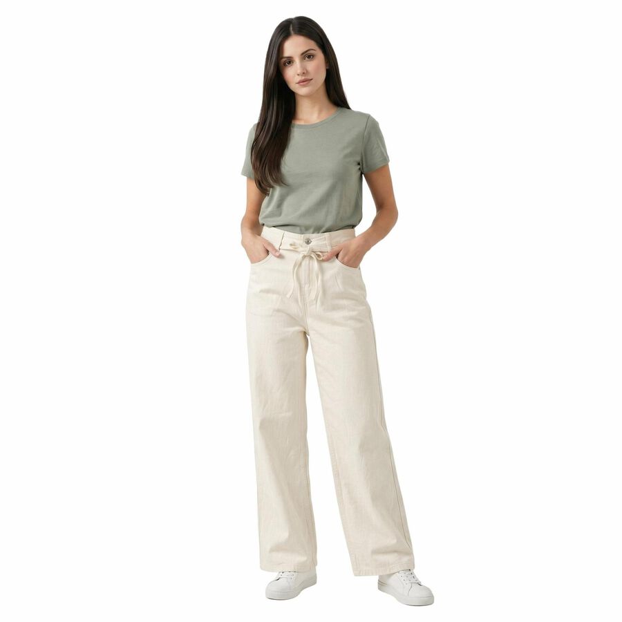 Women's White Straight Fit Tie Waist Jeans, White, large