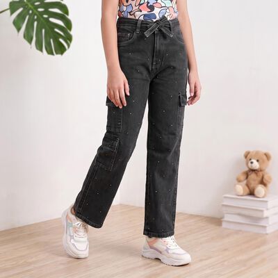 Girls' Black Straight Fit Embellished Cargo Jeans