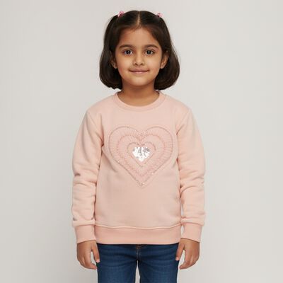 Girls Light Pink Crew Neck Casual Sweatshirt