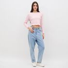 Women's Light Pink Round Neck Casual Crop Top, Light Pink, small