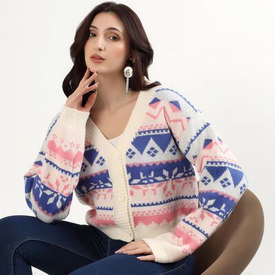 Women's Off-White V-Neck Casual Cardigan
