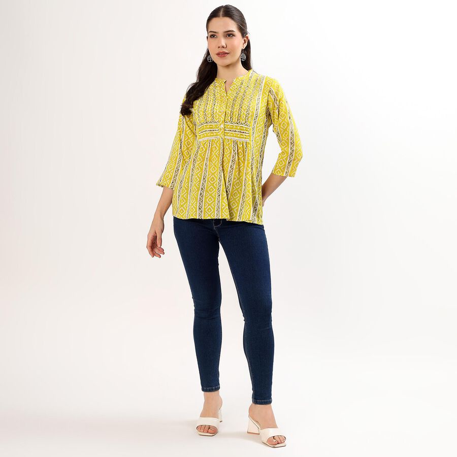 Women's Bright Mustard Yellow Mandarin Collar Geometric Printed Kurta, Olive, large image number null