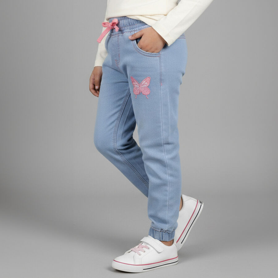 Girls' Mid Blue Elastic Waist Embroidered Jeans, Light Blue, large image number null